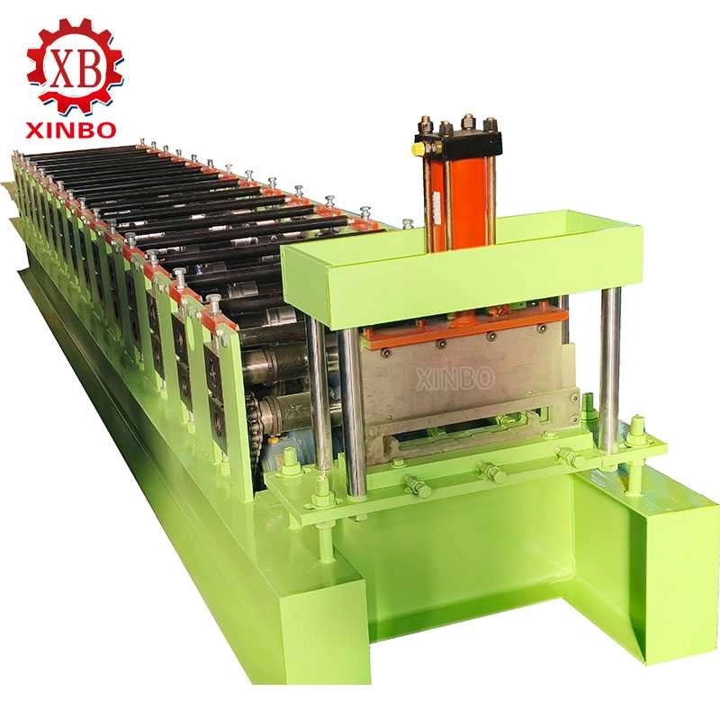 Angled view of the XINBO roof panel roll forming machine and forming stations