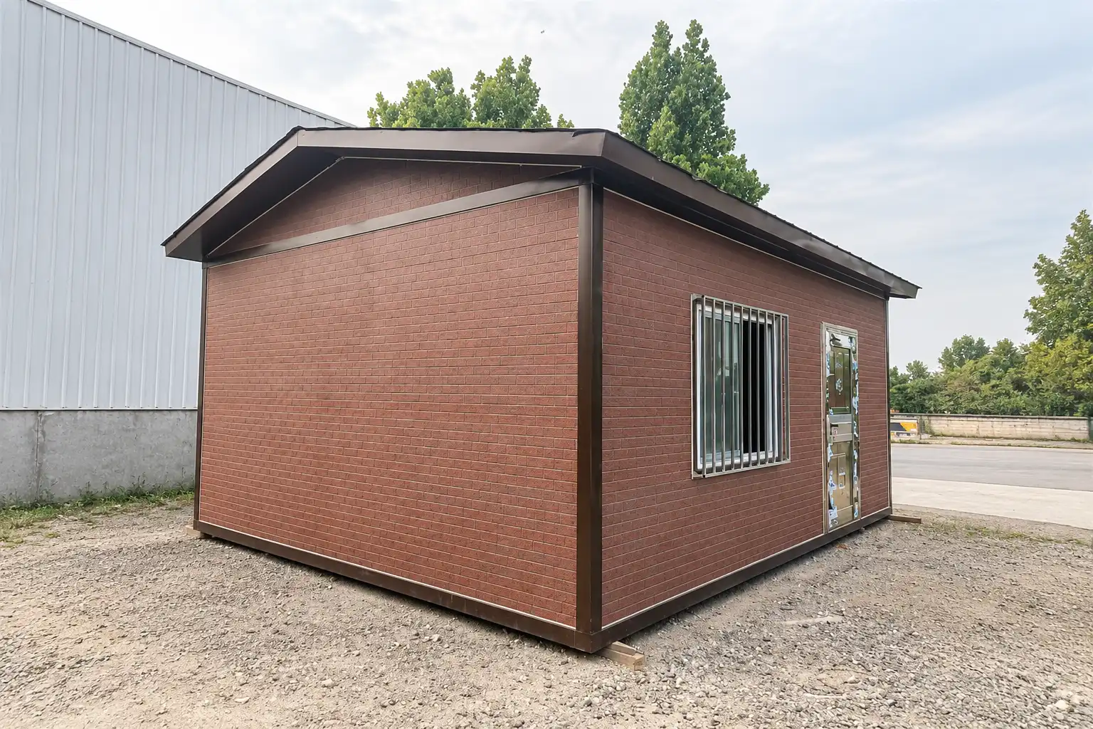 Embossed metal wall panels on a modular building