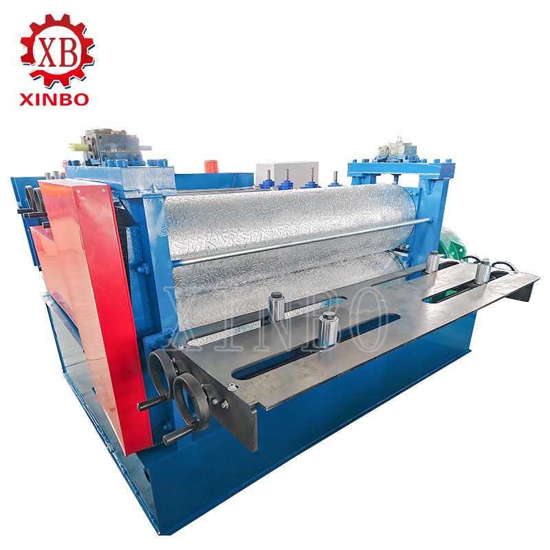 Four long metal strips display different embossed surface patterns, including diamond tread and irregular textures in blue and silver finishes.